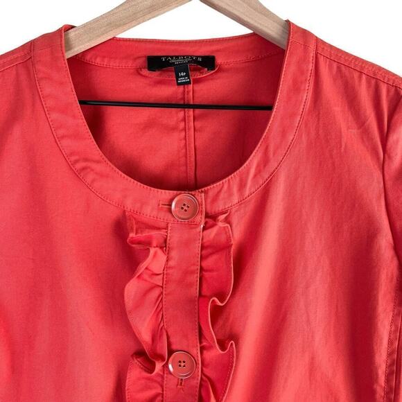 Talbots Ruffle Button‎ Front Collarless Blazer Jacket Cotton Coral Orange, 14P - Picture 2 of 9